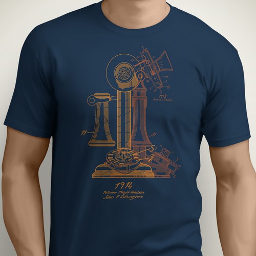 Blue t-shirt with the title 'Telephone patent tee'