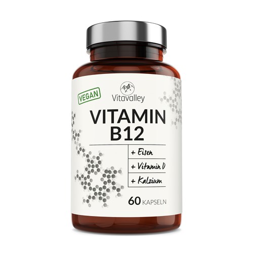Vitamin label with the title 'Label for vegan Vitamin B12 Capsules'