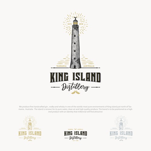 Lighthouse logo with the title 'Logo for King Island Distillery with a hand drawn illustration of Cape Wickham Lighthouse'