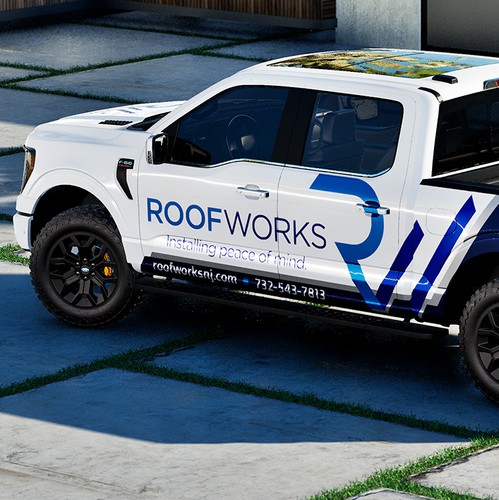 Vehicle graphic design with the title 'Roof Works Truck wrap'