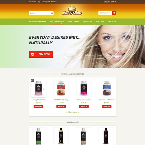 Beauty product website with the title 'Home Page Web Design for unique online healthy and beauty products'