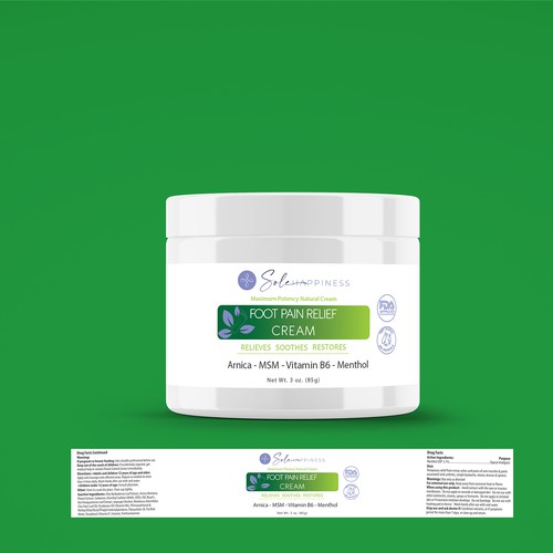 Cream packaging with the title 'Label Design for Foot Pain Relief Cream'