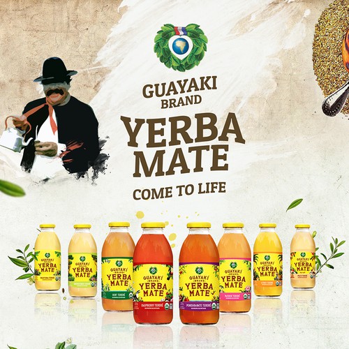Product design illustration with the title 'Buayaki Brand - Yerba Mate'