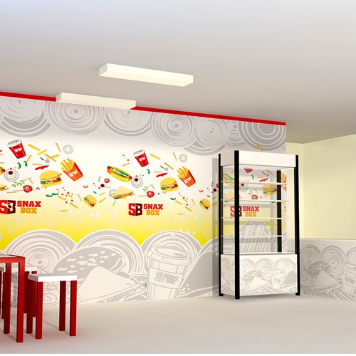 Restaurant artwork with the title 'Design wall graphics and theme concept for Snax Box cafeteria'
