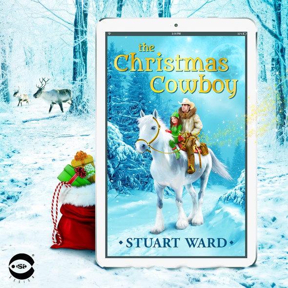 Christmas book cover with the title 'eBook cover and illustration for “The Christmas Cowboy” by Stuart Ward '