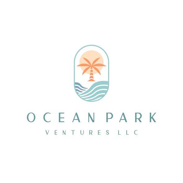 Coconut Tree logo with the title 'ocean + palm + sun'