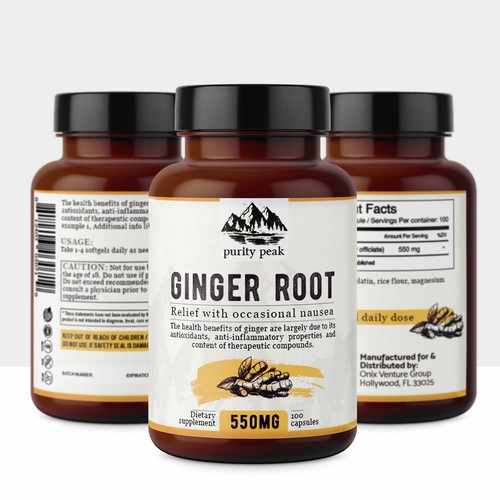 Bottle packaging with the title 'Purity Peak Ginger Root'