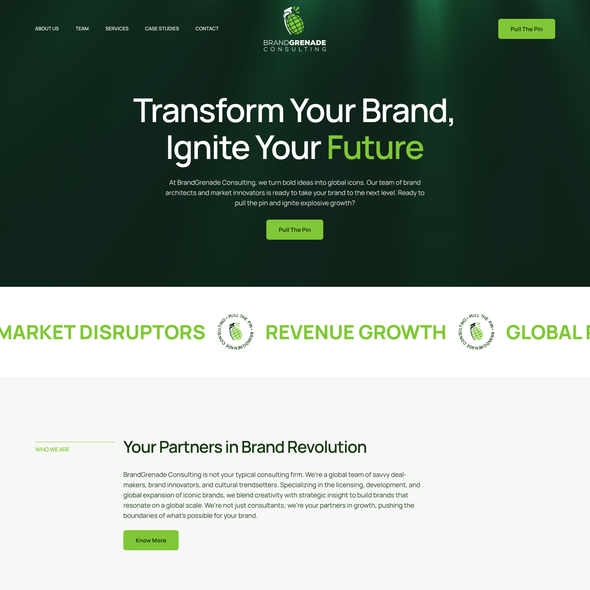 Green website with the title 'Website design for Brand Grenade Consulting'