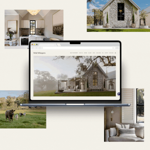 Editorial design with the title 'Wild Whispers Rental Property'