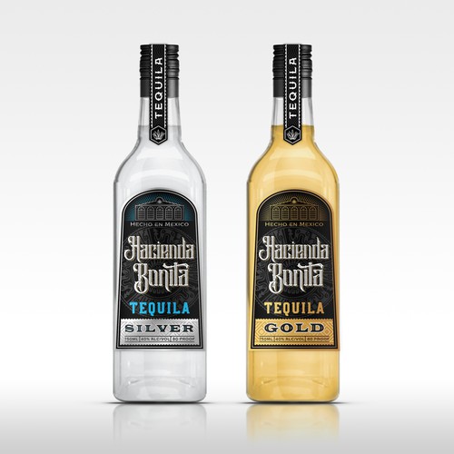 Gold label with the title 'Hacienda Bonita tequila'