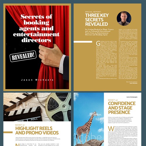Report design with the title ' Design & Lay Out a Special Report for Magicians that Reveals the Secrets of Getting Booked'
