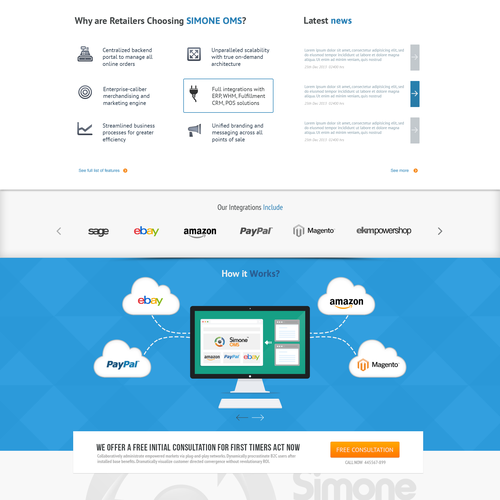 Cloud computing design with the title 'SimoneOMS landing page'