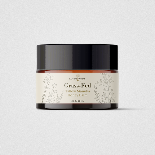 Elegant packaging with the title 'Grass-Fed - Tallow Manuka Honey Balm'