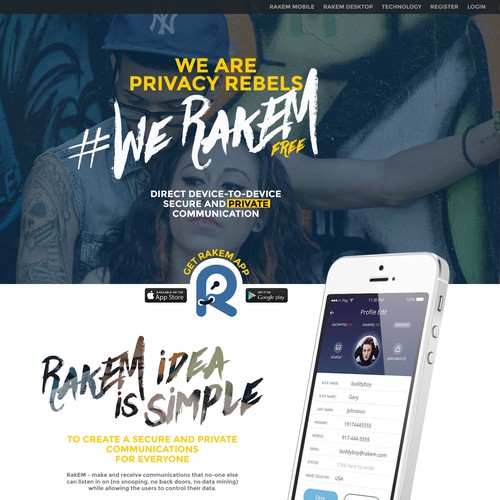 Mobile app website with the title 'Design website for Raketu new app called RakEM'