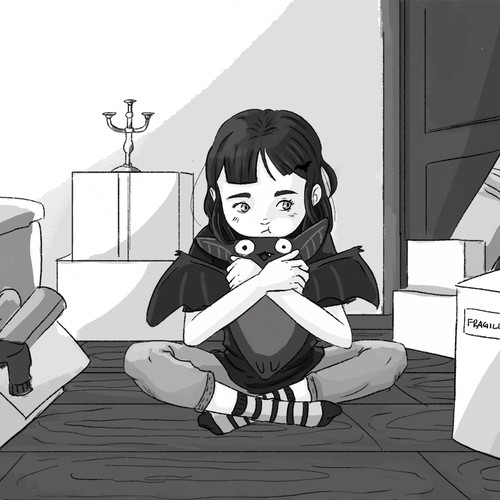 Black and white artwork with the title 'children book'