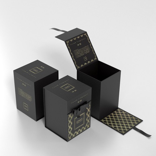 Ribbon design with the title 'Luxurious, high-end soy candle packaging. Simple, elegant.'