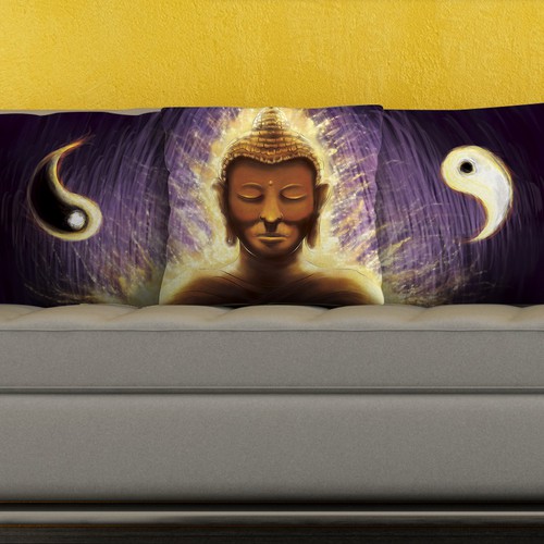 Gold illustration with the title 'Buddha Design for 3 Pillows'