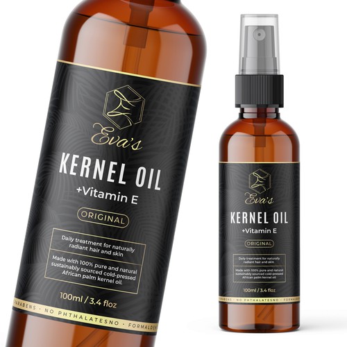 Black packaging with the title 'Kernel Oil Label Design'