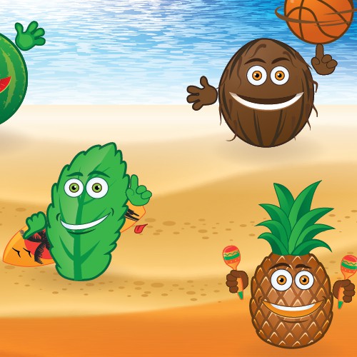 Fruit artwork with the title 'Tropical Fruit Tribe'