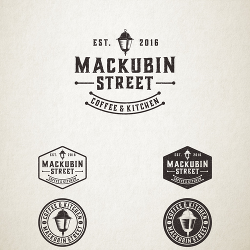 Black brand with the title 'Vintage logo for Mackubin Street Coffee & Kitchen'