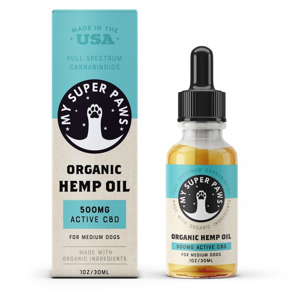 Hemp oil packaging with the title 'Logo, labels and boxes design for My Super Paws '