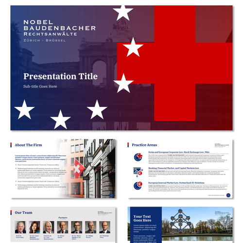 Legal design with the title 'Swiss Law Firm Pitch deck design'