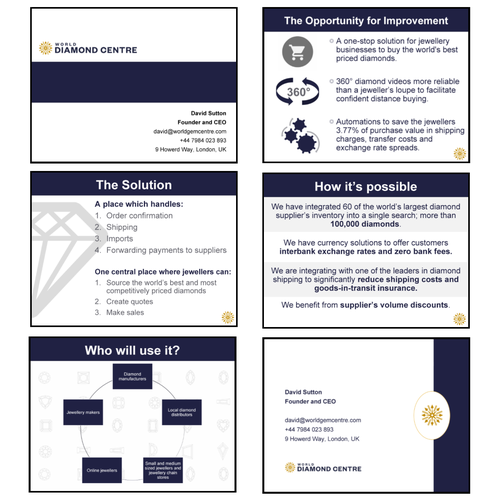 Navy design with the title 'PowerPoint Template for World Diamond Center'