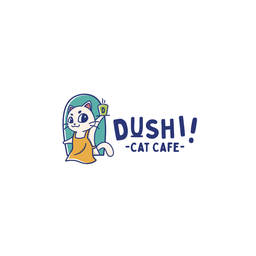Cute cat logo with the title 'Dushi! Cat Cafe - Playful Cute Kitty Serving You Coffee'