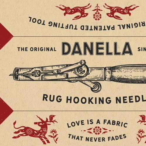Vintage packaging with the title 'Danella Rug Hooking Needle Packaging design'