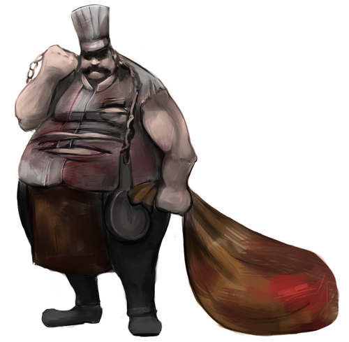 Chef illustration with the title 'Character Design for "Reich der Sünden"'