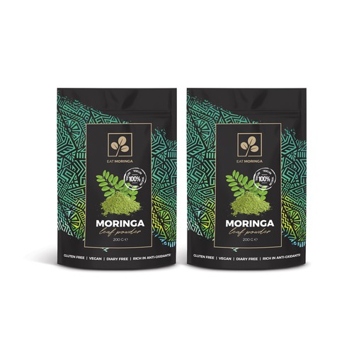 Powder packaging with the title 'Moringa products'