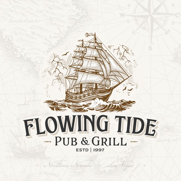 Ship logo with the title 'Flowing Tide Pub & Grill'
