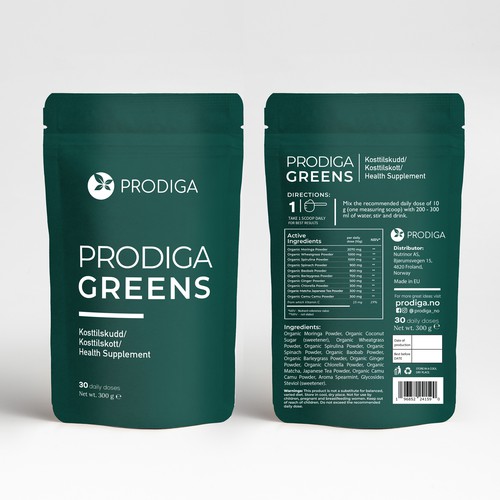Green packaging with the title 'Pouch design for Green Supplement'