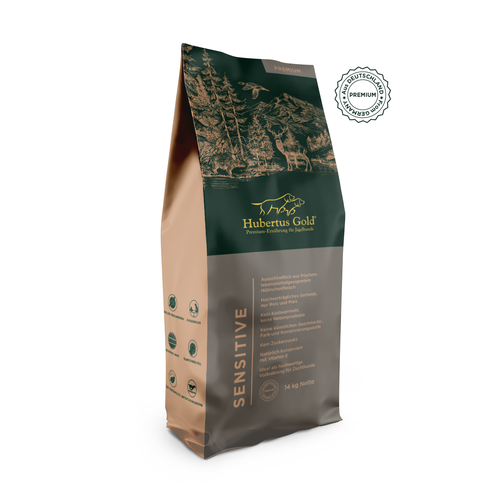 Packaging with the title 'Premium food for hunting dogs'