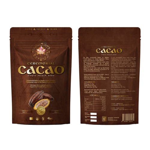 Cocoa packaging with the title 'Packaging design'