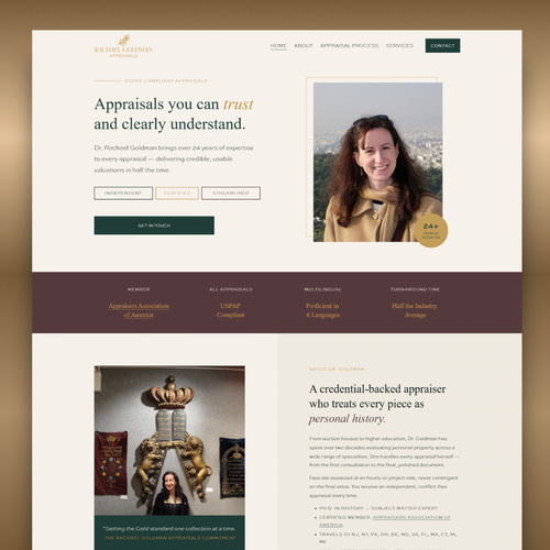 CSS design with the title 'Rachael Goldman Appraisals — Branding & Custom Website Design'