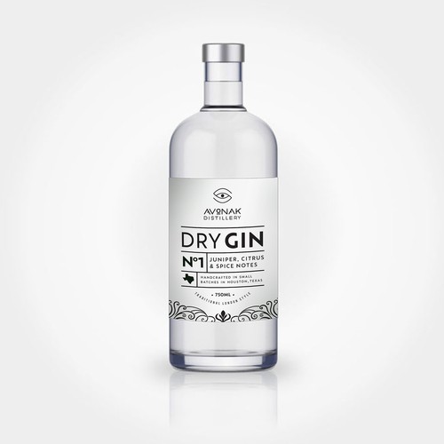 Black and white label with the title 'Dry Gin Label Design'