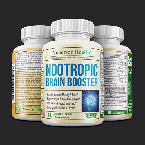 Dietary supplement label with the title 'Nootropic Brain booster Label Edits '