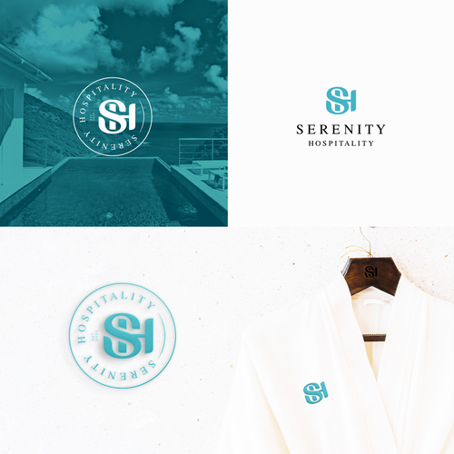 Serenity logo with the title 'S + H logo design for hospitality business.'