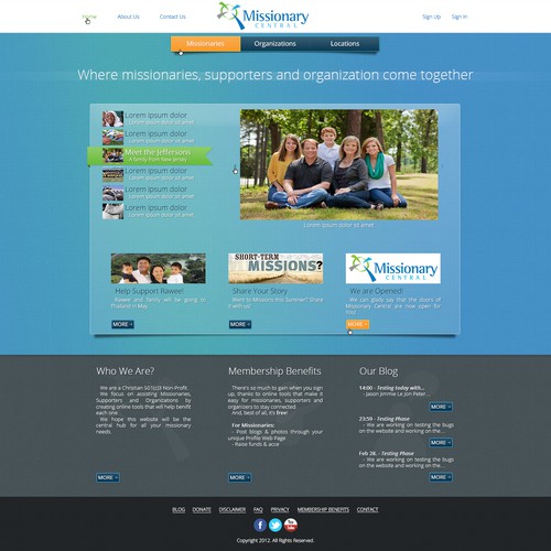 Blue website with the title 'Missionary Central - Full site redesign'