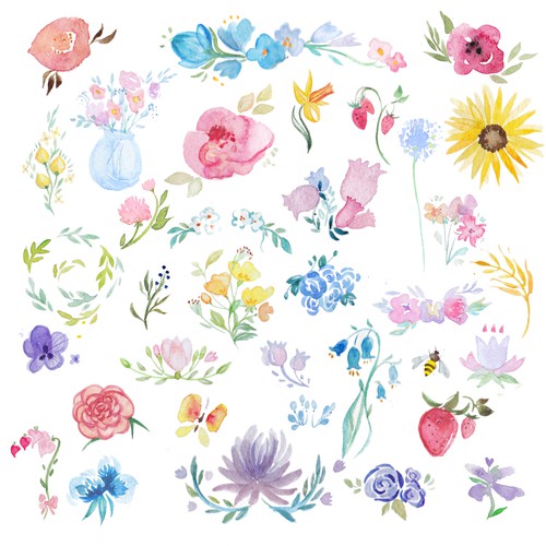 Watercolor artwork with the title 'Summer Flowers Stamp'