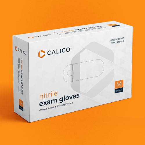 Glove design with the title 'Packaging Design for Calico - Nitrile Exam Gloves'