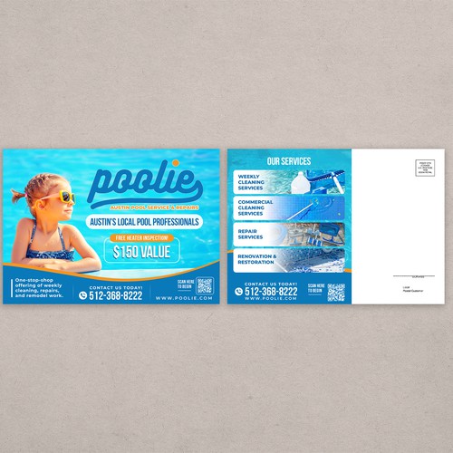 Direct mail design with the title 'Direct Mailers for Pool Service Company Postcard'