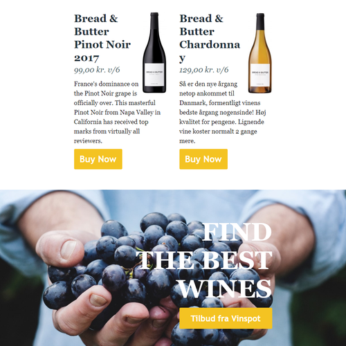Mailchimp design with the title 'Email template for a Wine Shop'