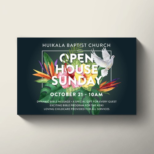 Dove design with the title 'Open House Flyer for Huikala Baptist Church'