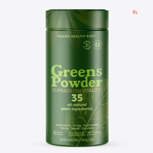 Green label with the title 'Canister design for Greens Powder Supplement'