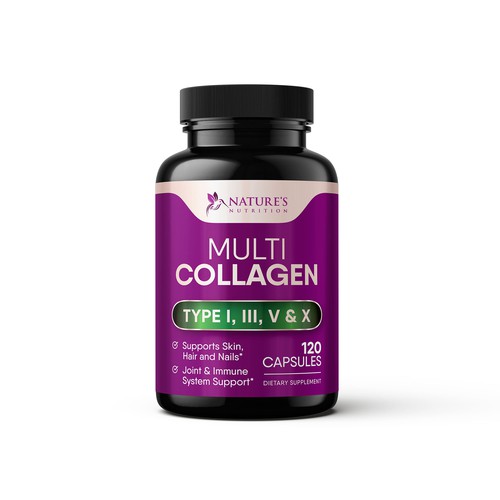 Purple and green design with the title 'Multi Collagen Supplement Label'