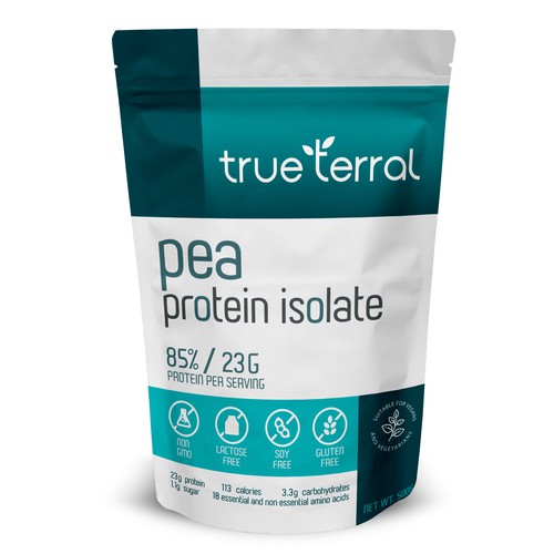 Professional label with the title 'Pea Protein stand up pouch'