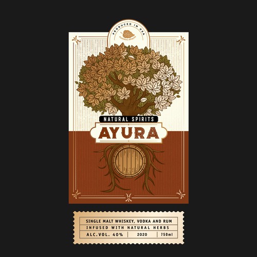 Liquor label with the title 'Ayura'