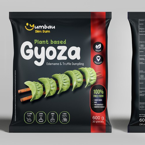 Vegan food packaging with the title 'Plant Based Gyoza bag design'